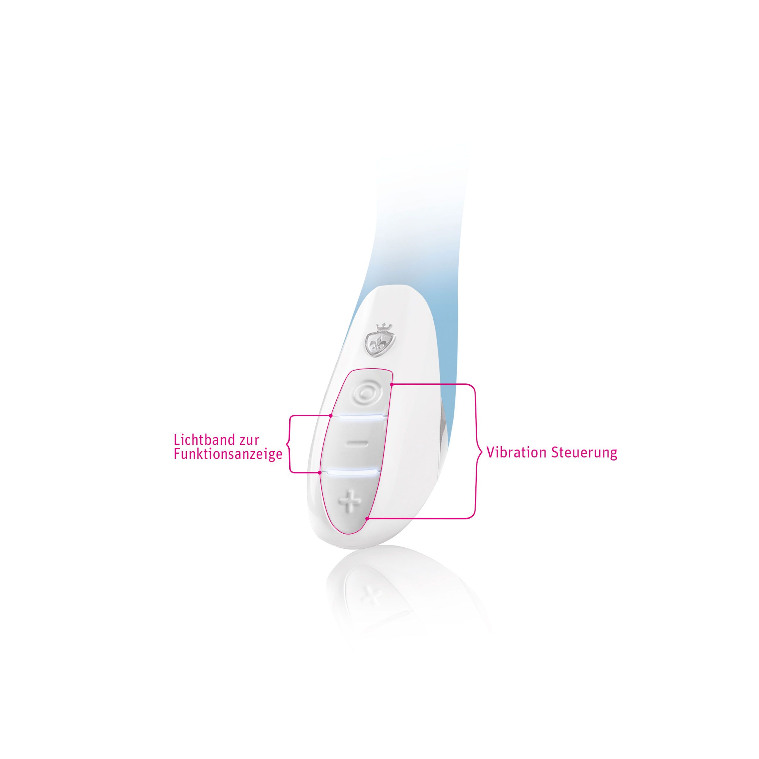 Nahaufnahme des weißen Bedienfelds eines blauen Vibrators. Beschriftung: Lichtband zur Funktionsanzeige und Vibration Steuerung.