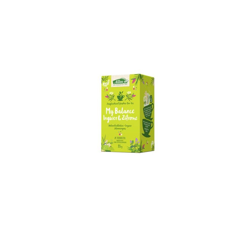 Grüne Schachtel mit Aufschrift "My Balance Ingwer & Zitrone". Logo "Allos". 10 Beutel. Bio-Siegel.