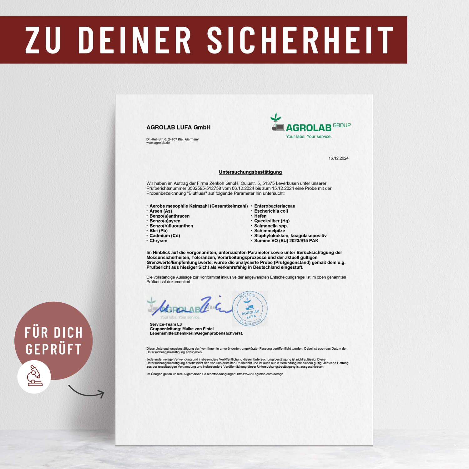 Zertifikat von Agrolab LUFA GmbH. Text: Untersuchungsergebnis. Logo: Agrolab Group. Unterschriften und Stempel.