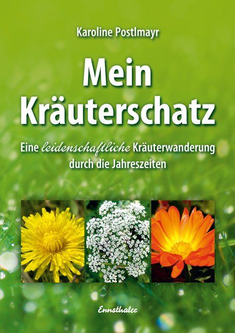 Buchcover von "Mein Kräuterschatz". Titel in Weiß auf grünem Hintergrund. Autorin: Karoline Postlmayr. Untertitel und Kräuterbilder.