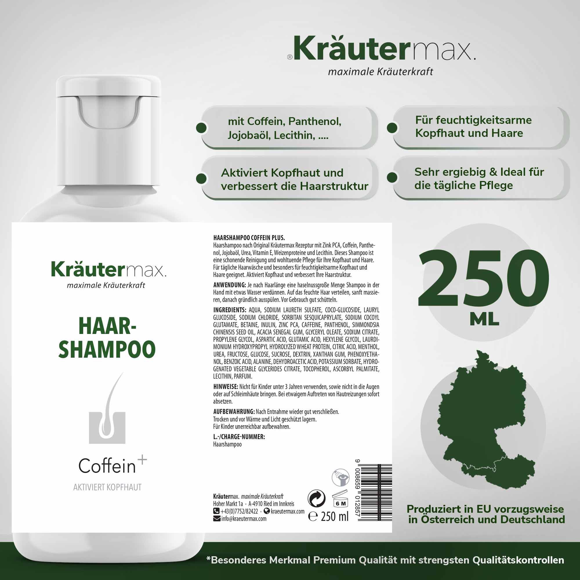 Weißes Shampoo mit Aufschrift: Kräutermax Haarshampoo, Coffein+. Text: Mit Coffein, Panthenol, Jojobaöl, Lecithin. 250 ml. Karte von Deutschland und Österreich.