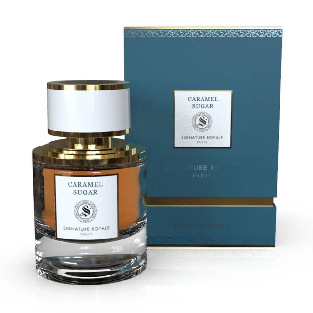 Parfümextrakt mit weißem Deckel und goldener Umrandung. Aufschrift: Caramel Sugar, Signature Royale Paris. Blaue Verpackung.