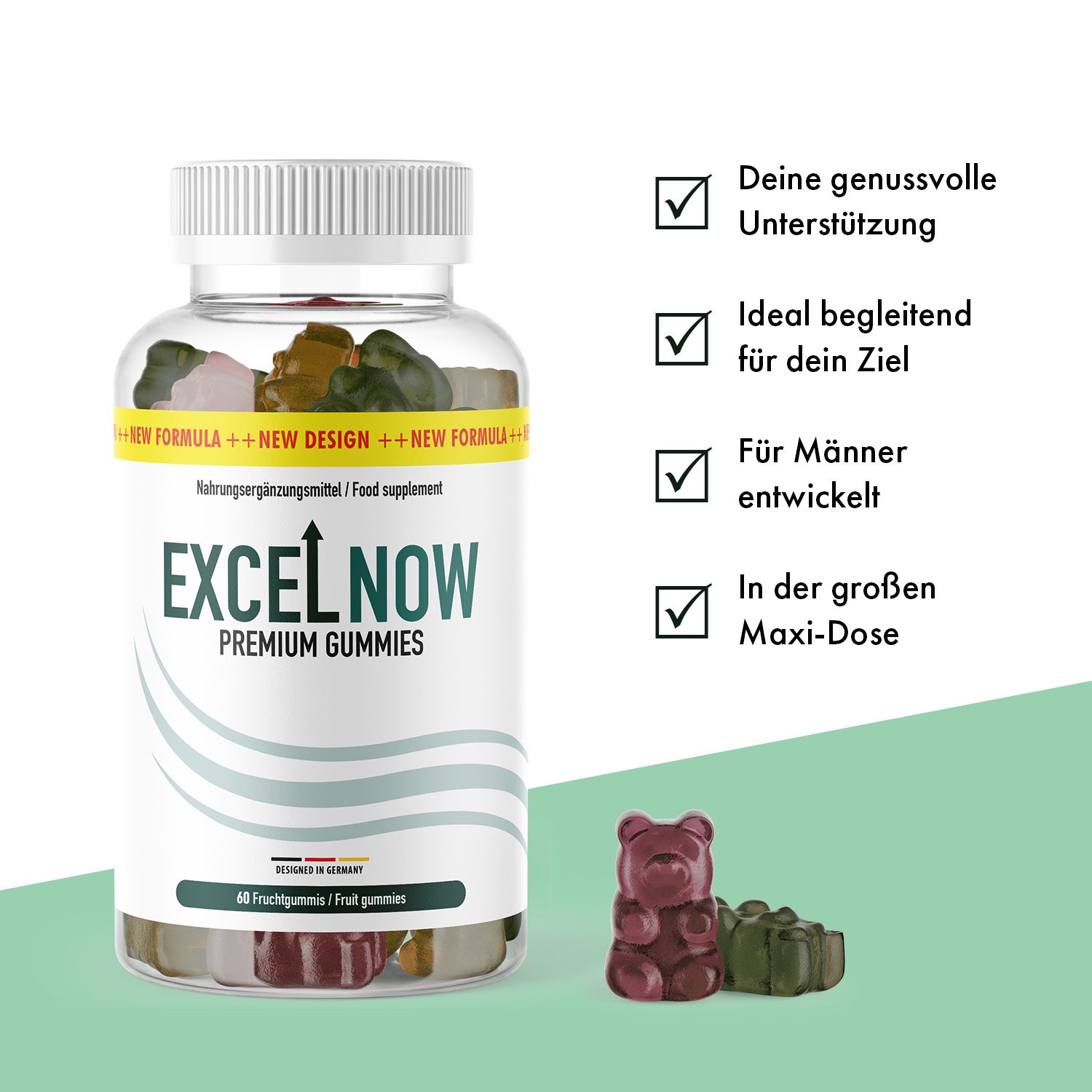 Flasche mit EXCELNOW PREMIUM GUMMIES, 60 Fruchtgummis. Bärenförmige Gummis daneben.