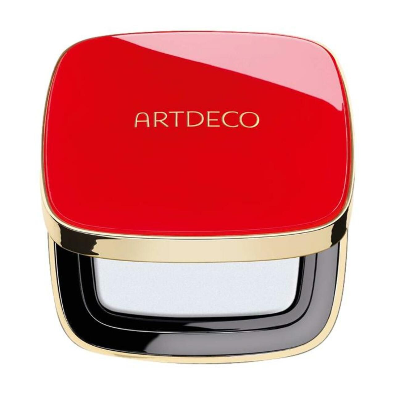 Roter Kompaktpuder mit goldfarbenem Rand. Auf dem Deckel steht in Gold ARTDECO. Der Puder ist weiß.