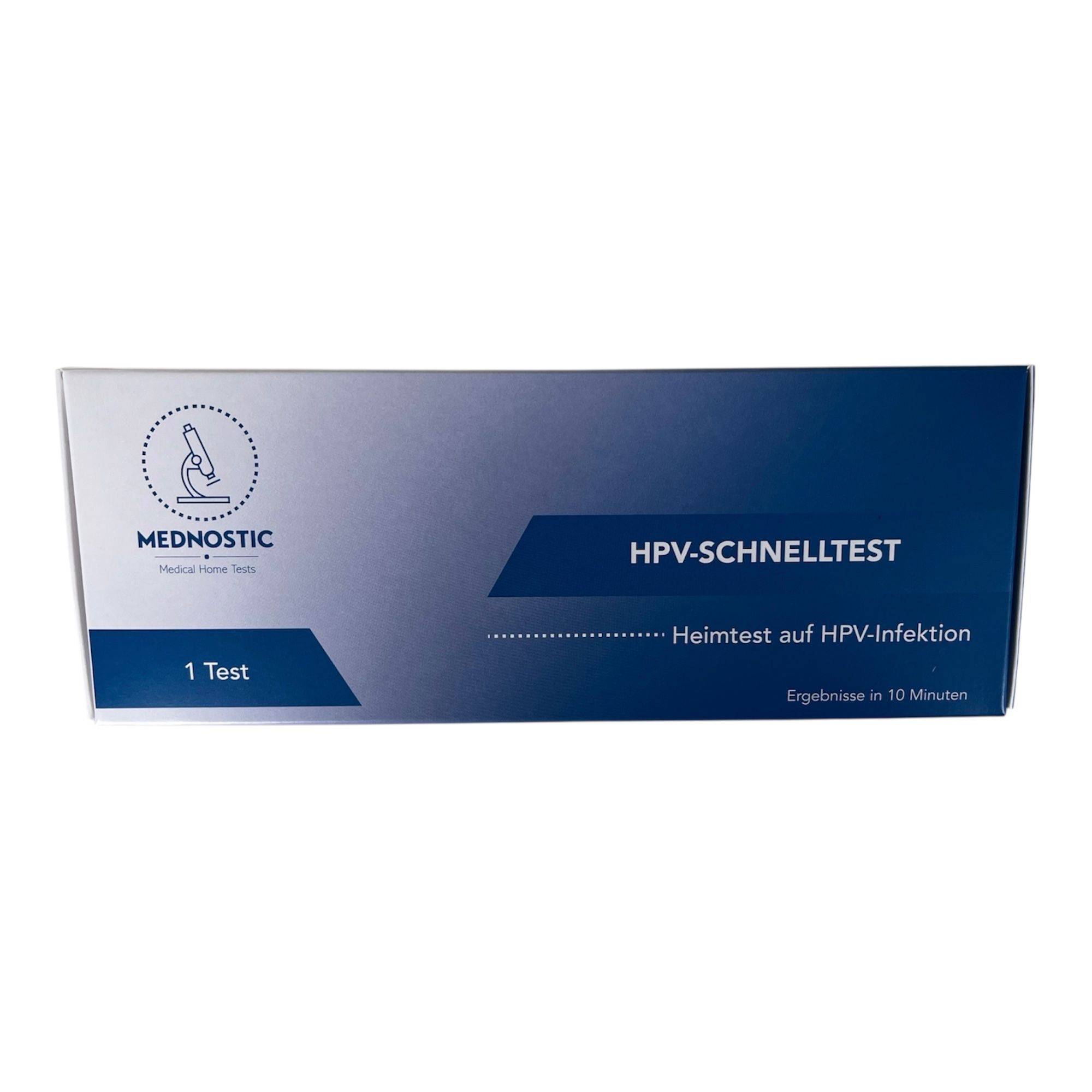 Schachtel mit "MEDNOSTIC" Logo und "HPV-SCHNELLTEST". Enthält "1 Test". Heimtest auf HPV-Infektion. Ergebnisse in 10 Minuten.