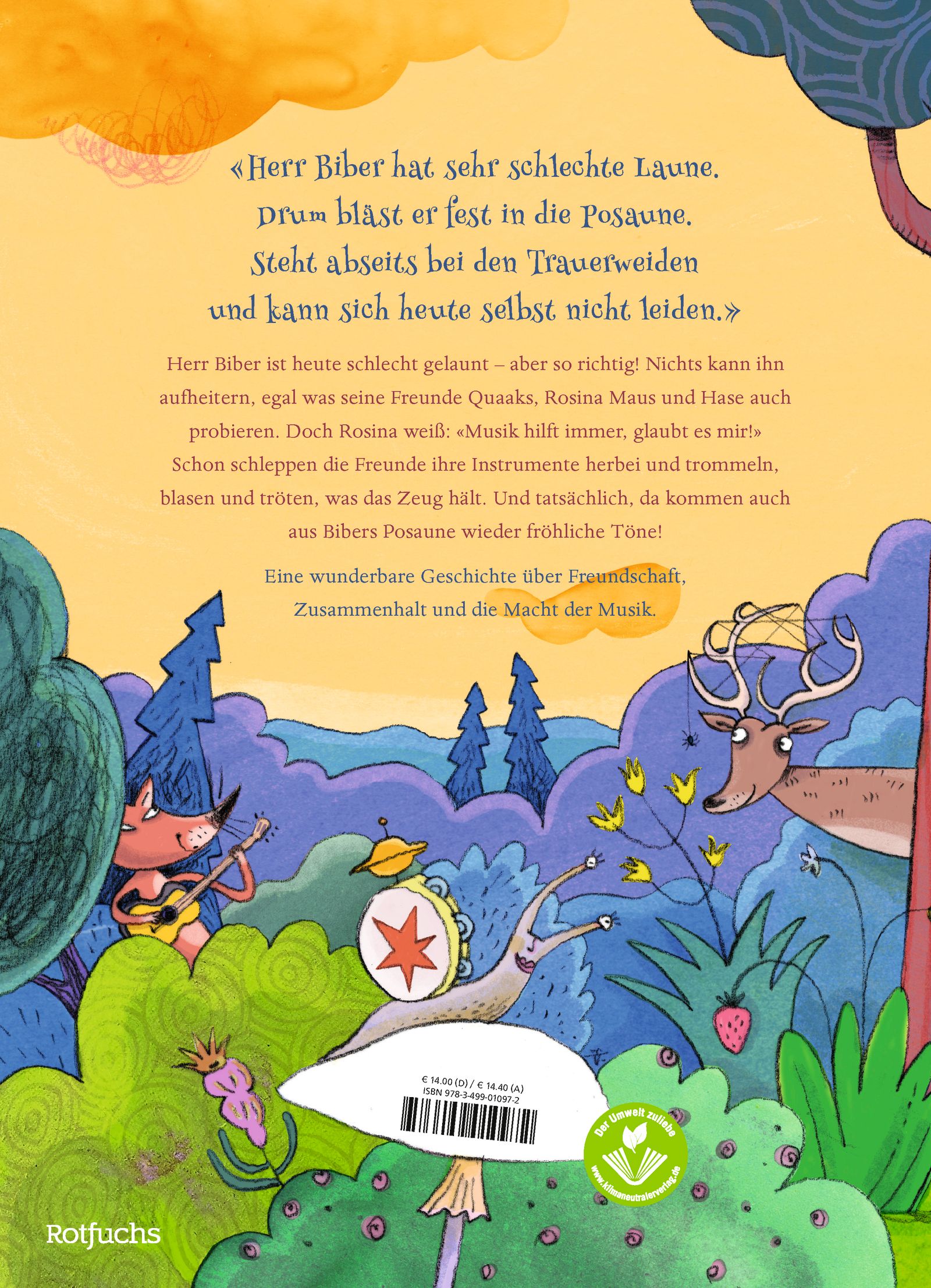 Rückseite des Buches "Kopf hoch, Herr Biber!". Text und Illustrationen von Tieren im Wald. Logo "Rotfuchs".