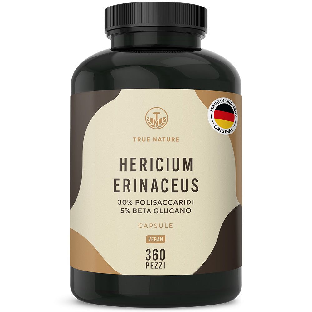 Flacone marrone con capsule. Scritta: TRUE NATURE, Hericium Erinaceus, 360 pezzi, vegano. Con sigillo Germania.