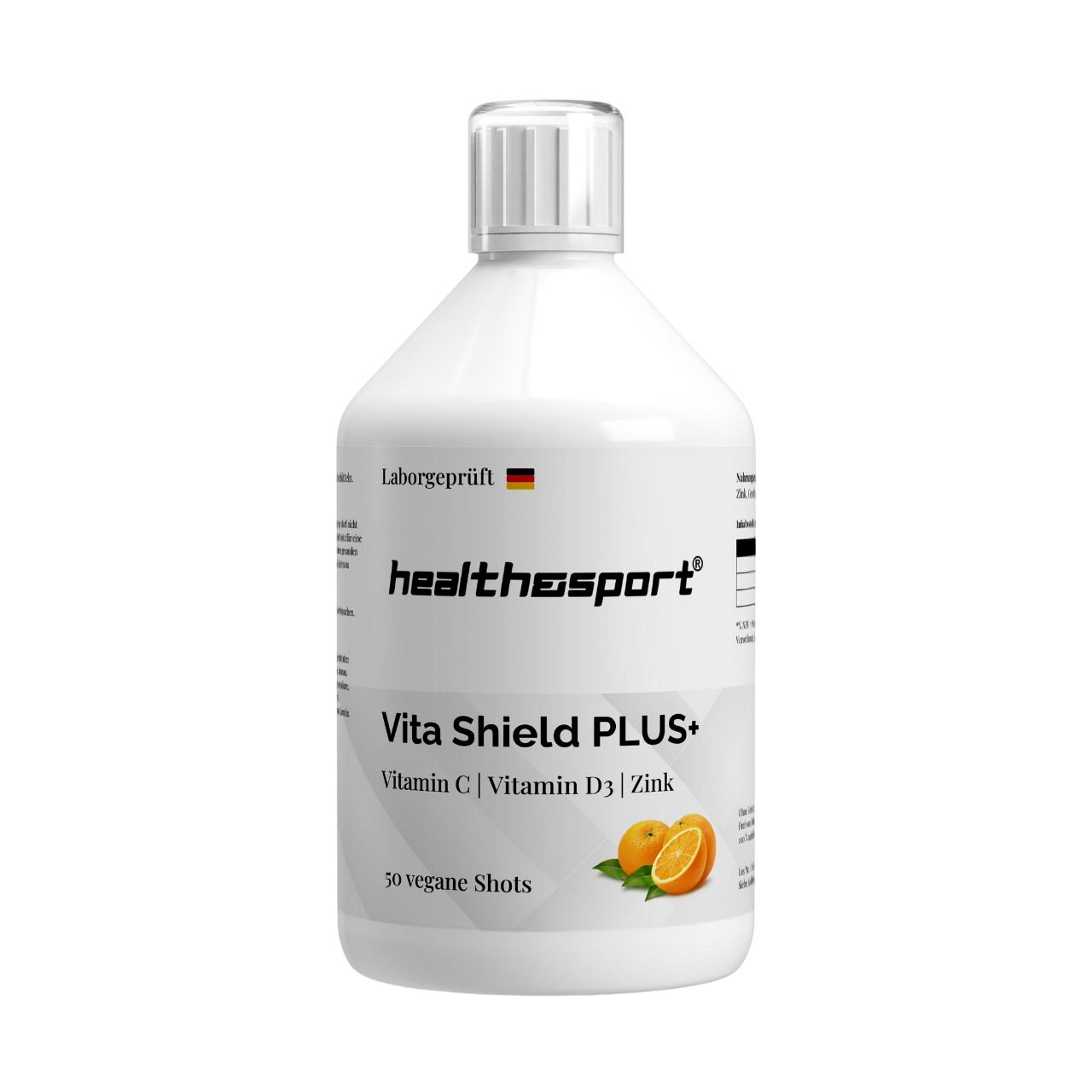 Weiße Flasche mit Etikett. Text: HEALTH & SPORT Vita Shield PLUS+ Orange. Vitamin C, D3, Zink. 50 vegane Shots. Orangen-Illustration.