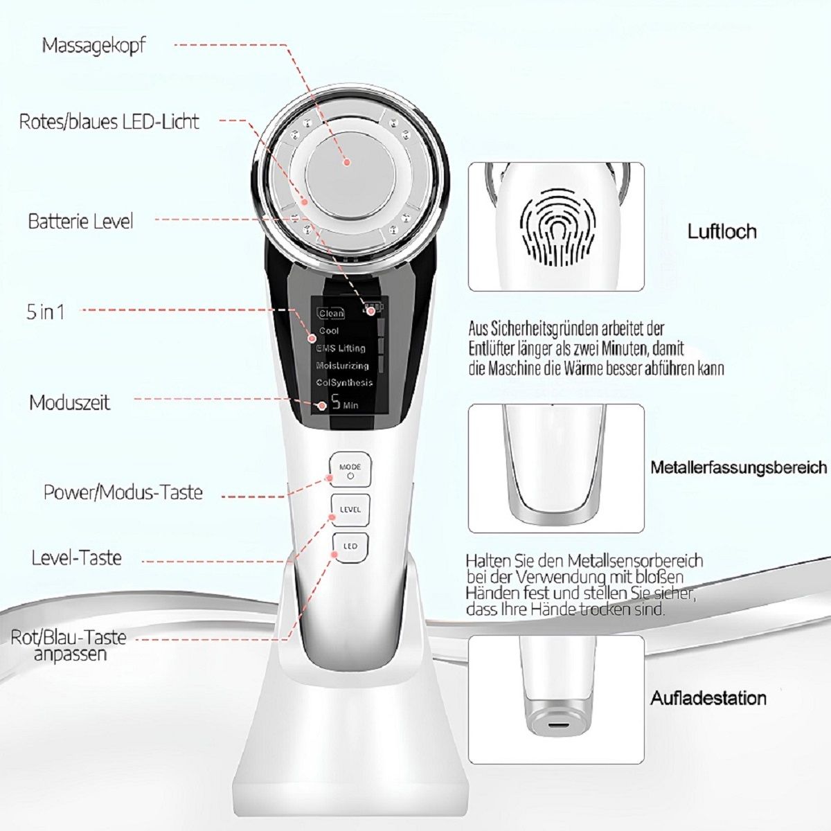 COOL-i 5 in 1 Mikrodermabrasionsgerät ,LED, EMS, Wärme/Kälte & Massage für ergänzende Gesichtspflege
