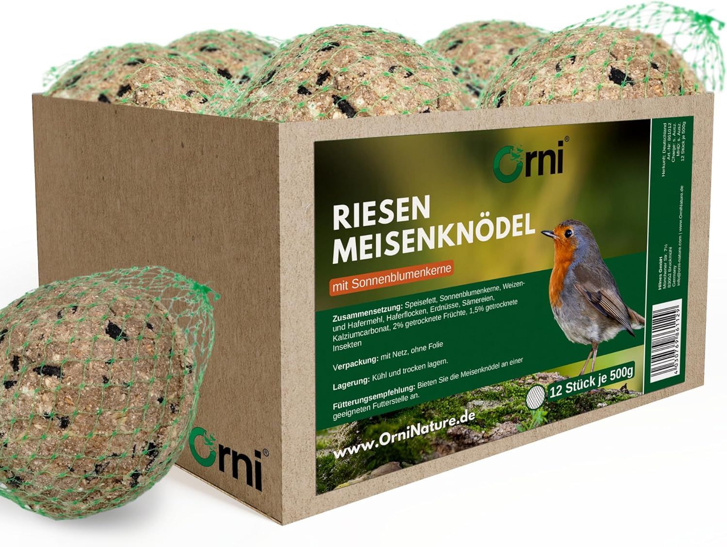 Orni Riesen Meisenknödel mit Sonnenblumenkernen in Kartonverpackung. 12 Stück, 500g. Text: 12 Stück je 500g.
