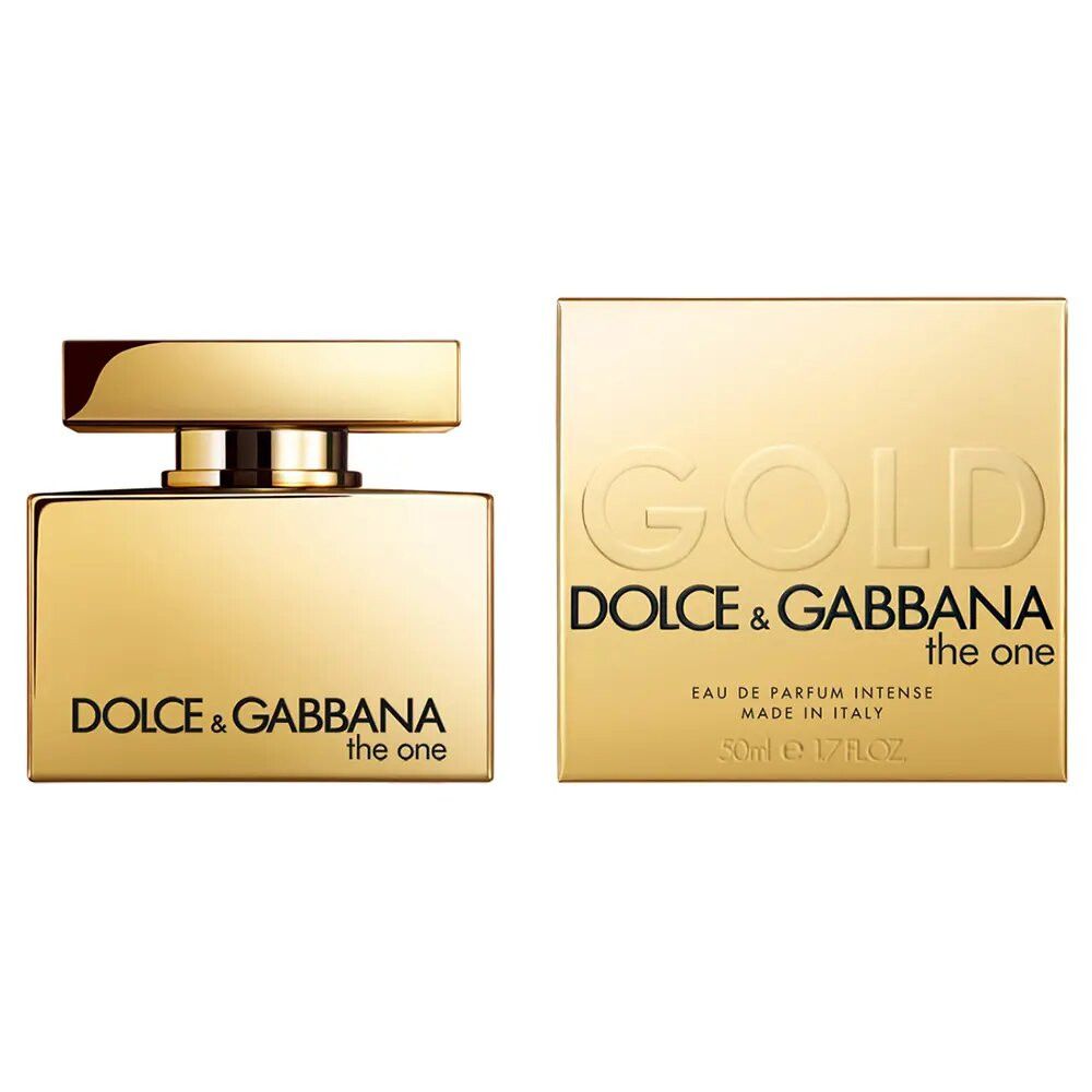 Goldfarbener Flakon und Verpackung von Dolce & Gabbana The One Gold Intense. Aufschrift: GOLD, DOLCE & GABBANA the one, Eau de Parfum Intense.