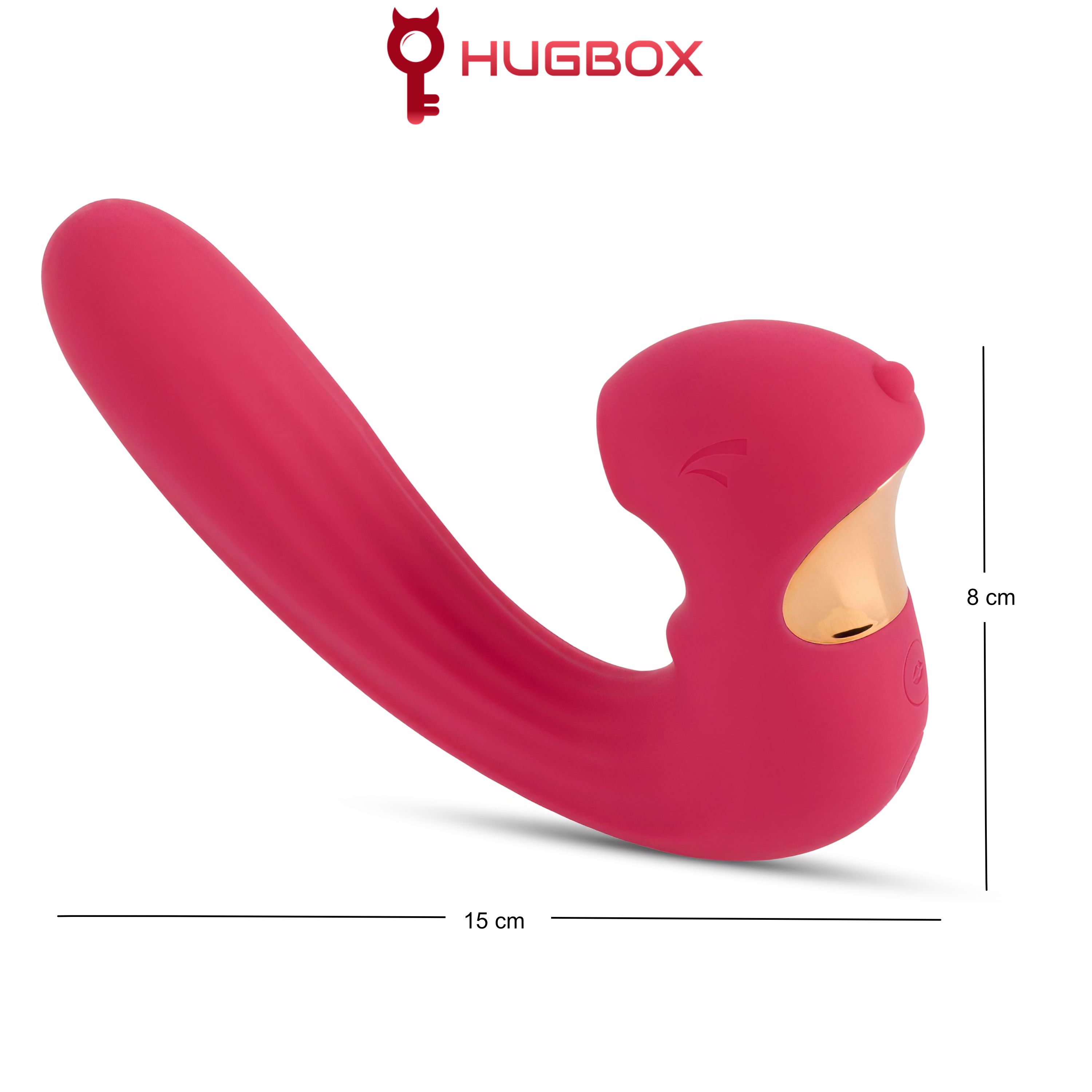 Rosa Vibrator mit goldfarbenem Akzent. Abmessungen: 15 cm lang, 8 cm hoch. HUGBOX Logo.