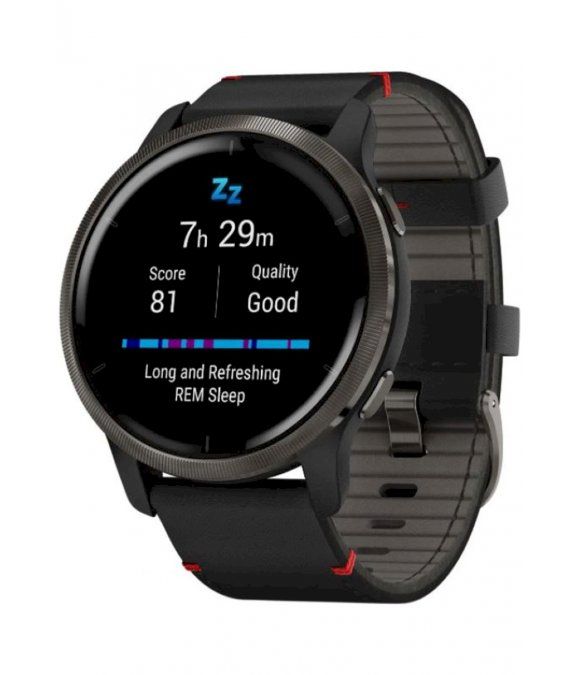 Pulsuhr / Tracker Garmin Fitnessuhr Venu2 Schwarz mit Lederarmband 010-02430-21