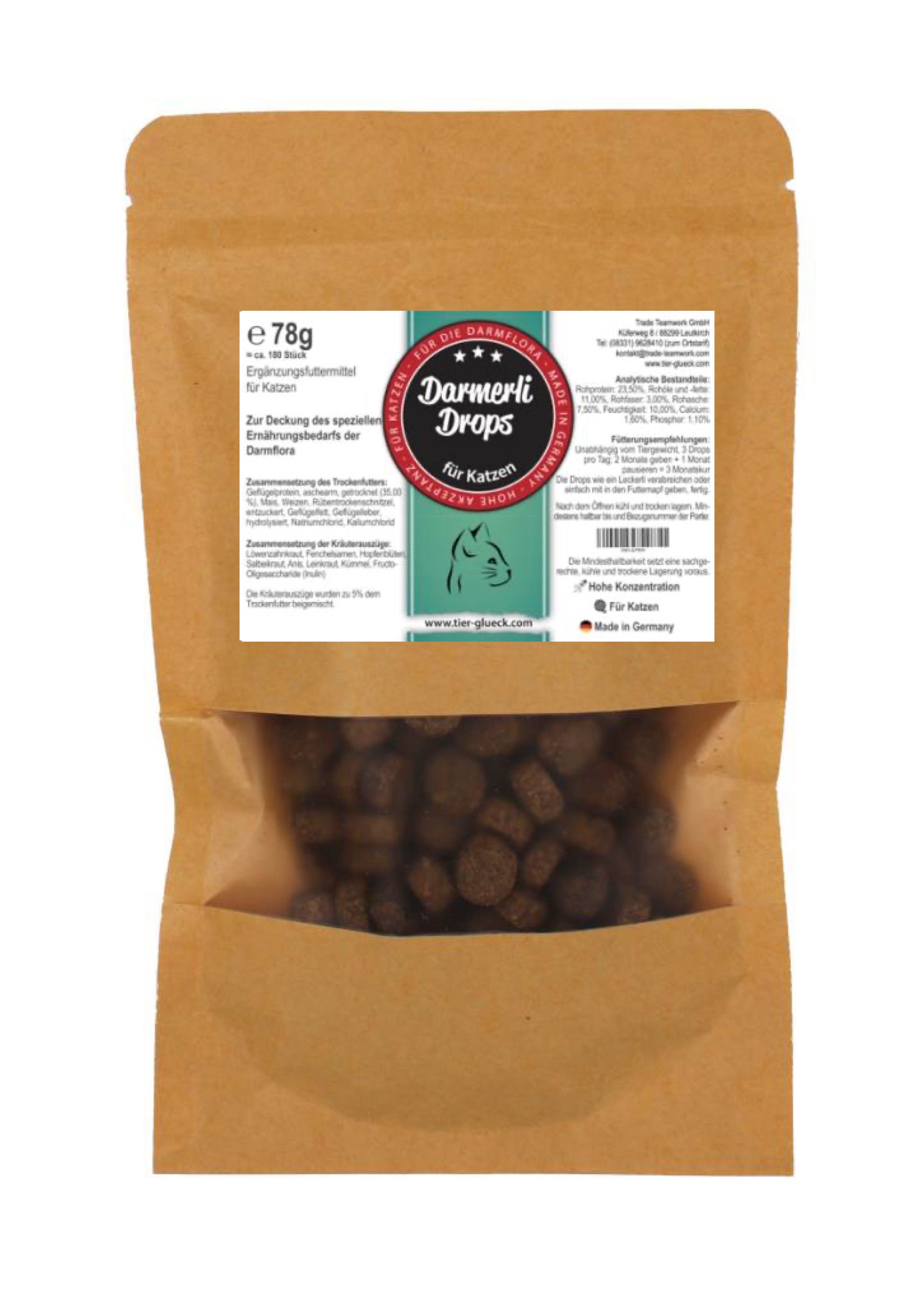 Beutel mit TierGlück Darmerli Drops für Katzen. Sichtfenster zeigt braune Tropfen. Aufdruck mit Produktinformationen.