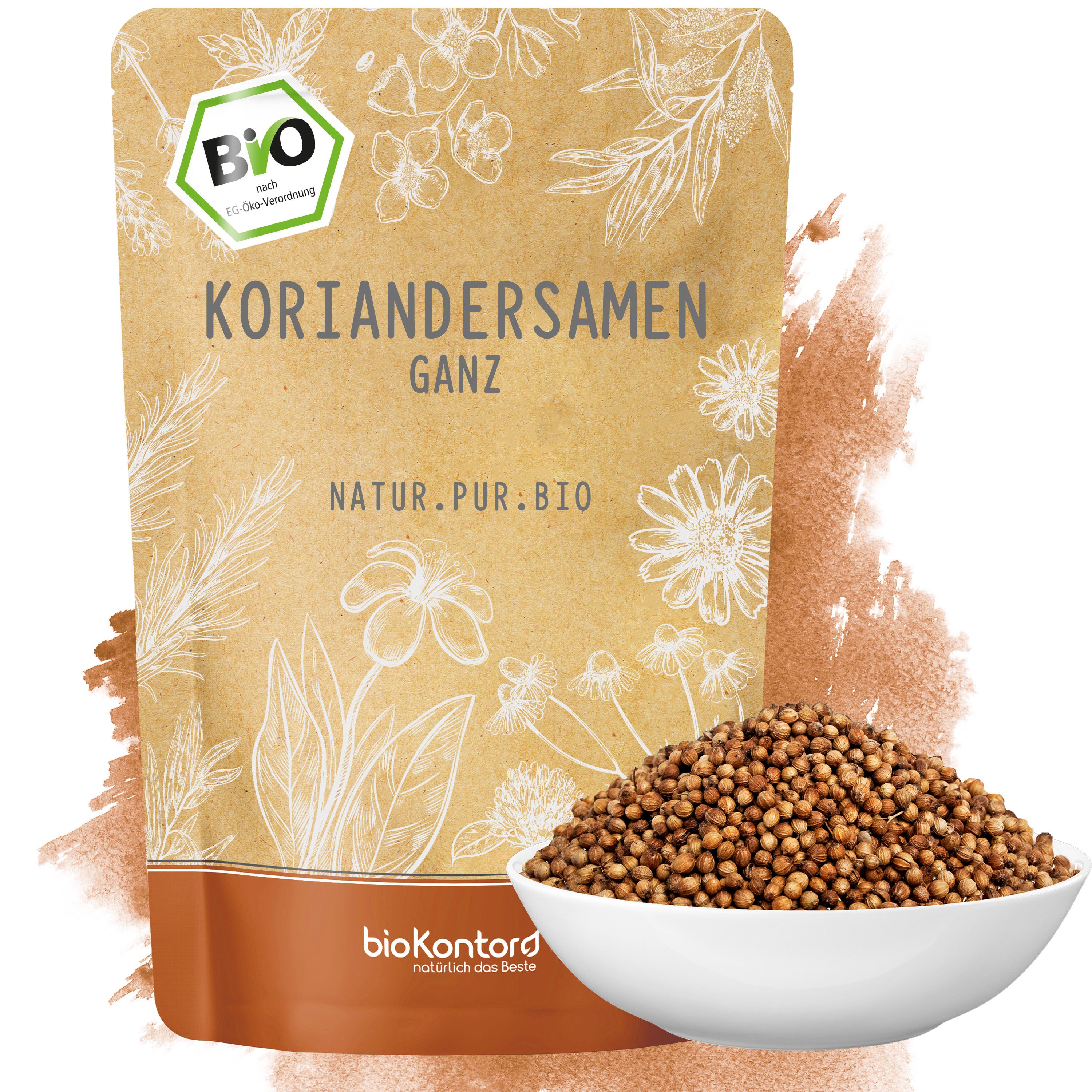 Bio-Koriandersamen in brauner Papiertüte mit floralem Design und weißer Schale voller Samen.