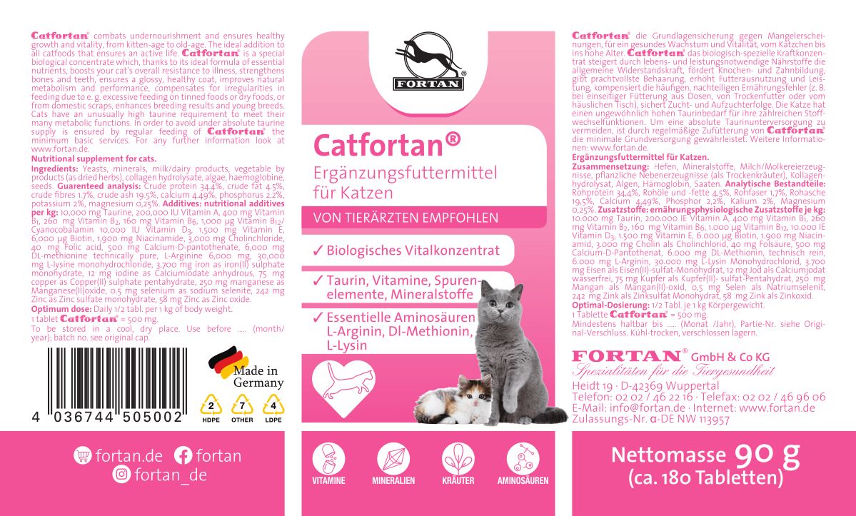 Etikett mit Produktinformationen. Enthält Produktname, Inhaltsstoffe, Herstellerinformationen und Katzenabbildung. Rosa-weißes Design.