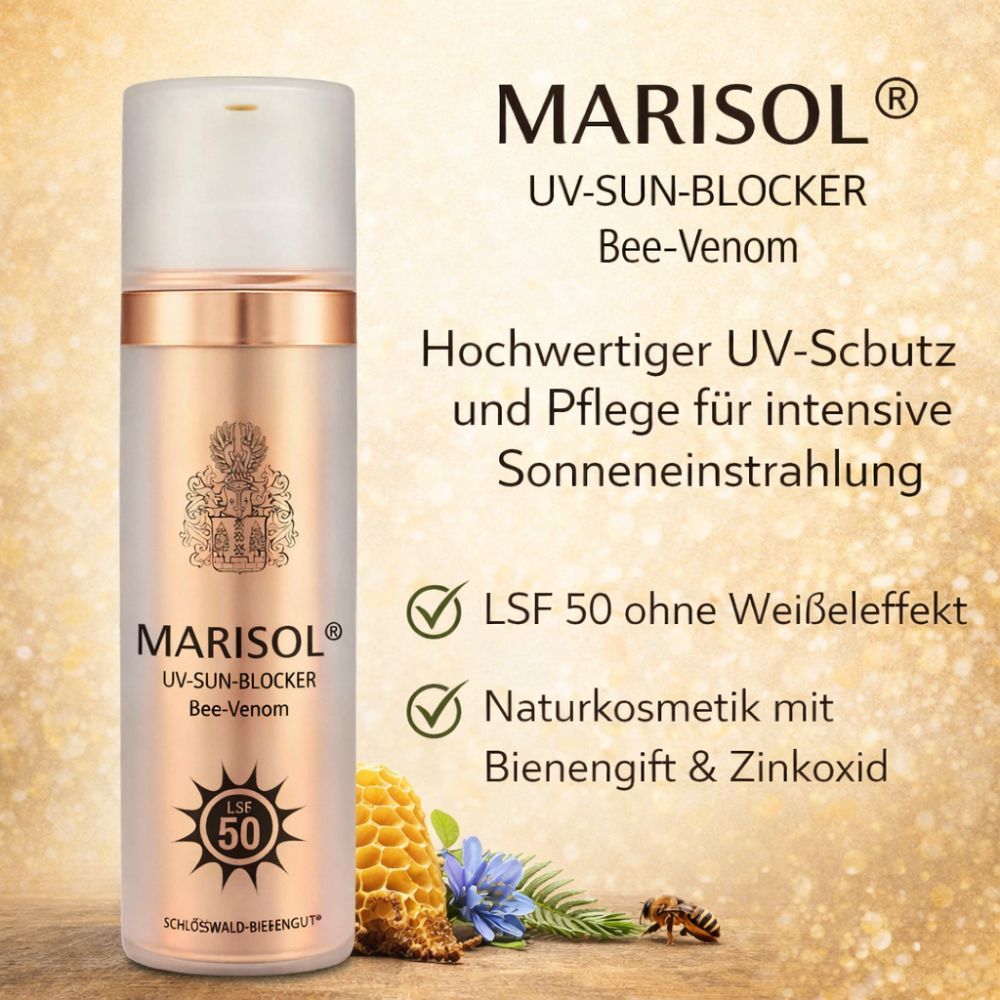 Sonnencreme-Flakon. MARISOL UV-Sun-Blocker LSF 50. Text: Bee-Venom. Zusätzlicher Text: Hochwertiger UV-Schutz. Naturkosmetik mit Bienengift & Zinkoxid.