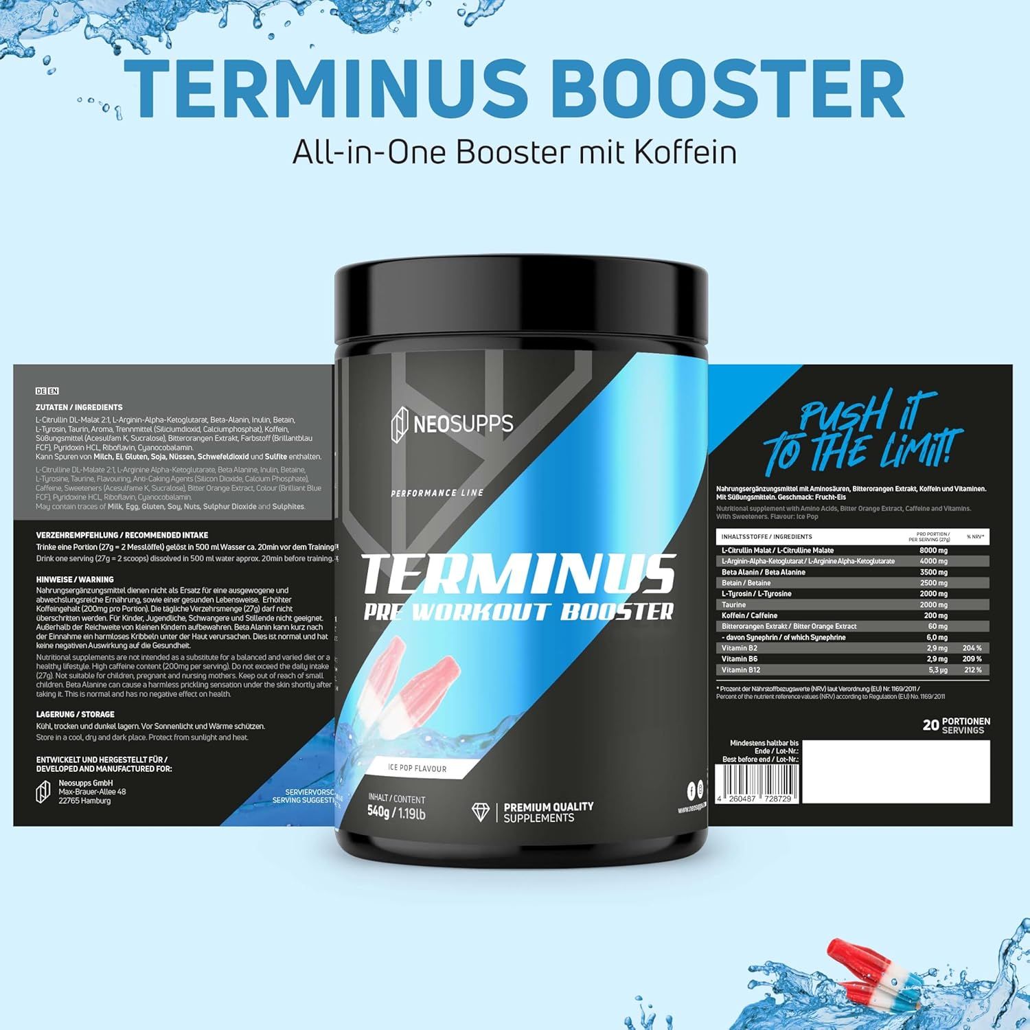 Schwarze Dose mit blauem Etikett. Aufschrift: Terminus Booster, Neosupps. Text: All-in-One Booster mit Koffein. Inhaltsangaben.