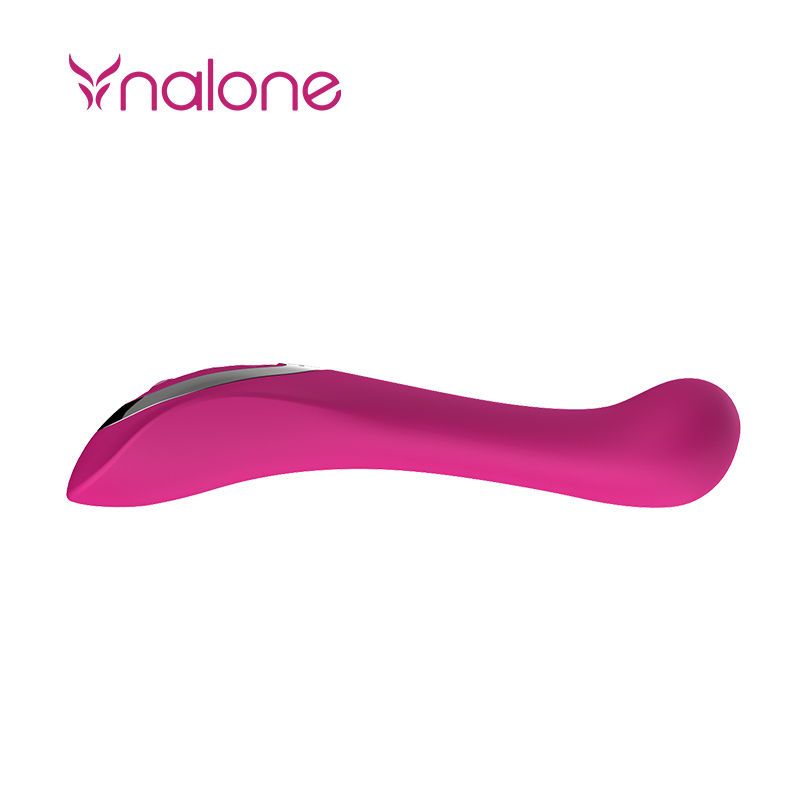 Pinkfarbener Vibrator, Seitenansicht. Silberne Bedienelemente. Marke Nalone oben links.