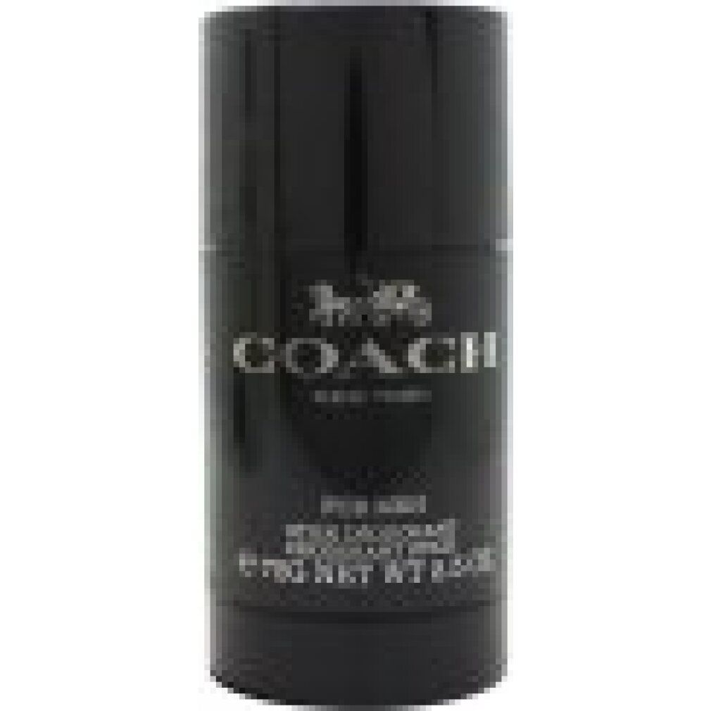 Schwarzer Deostift. COACH Logo. Text: FOR MEN, STICK DÉODORANT, e 75G NET WT 2.5 OZ.