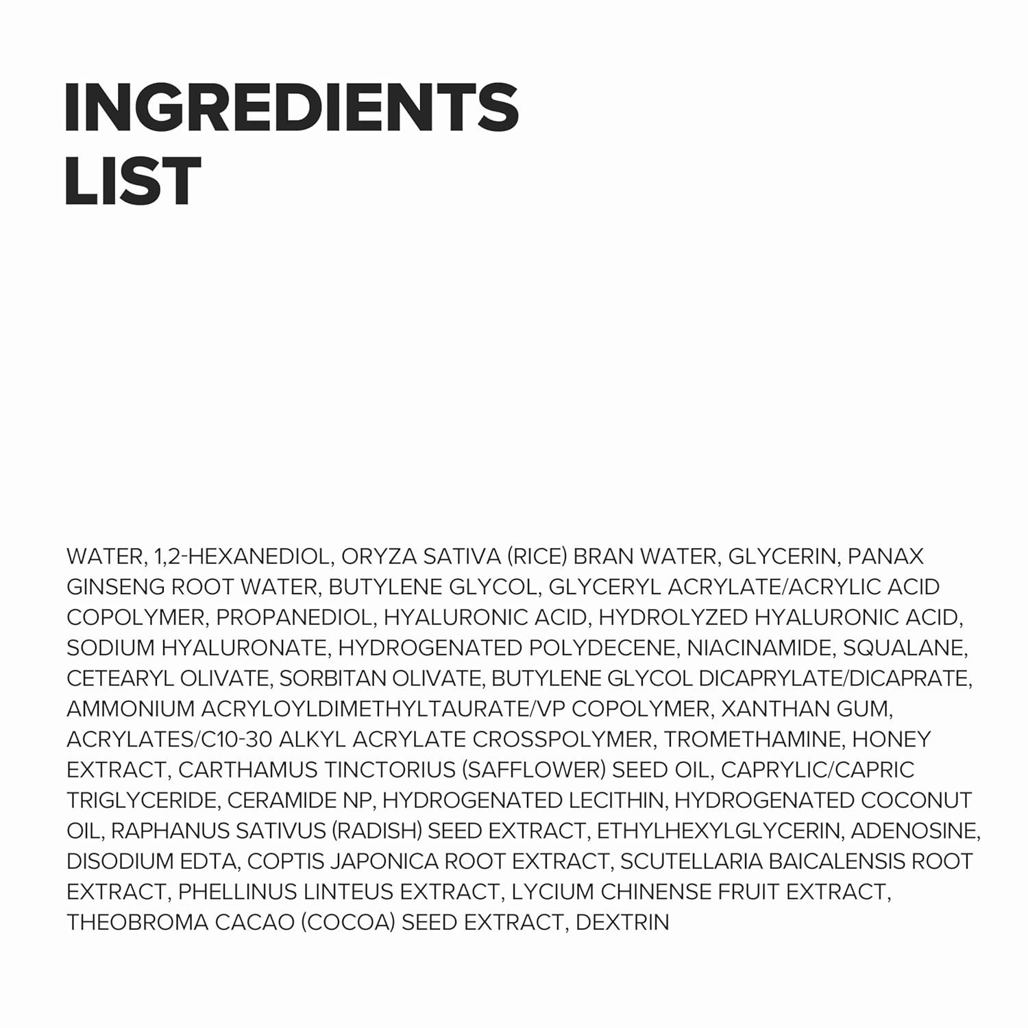 Text: Zutatenliste. Auflistung von Inhaltsstoffen in englischer Sprache.