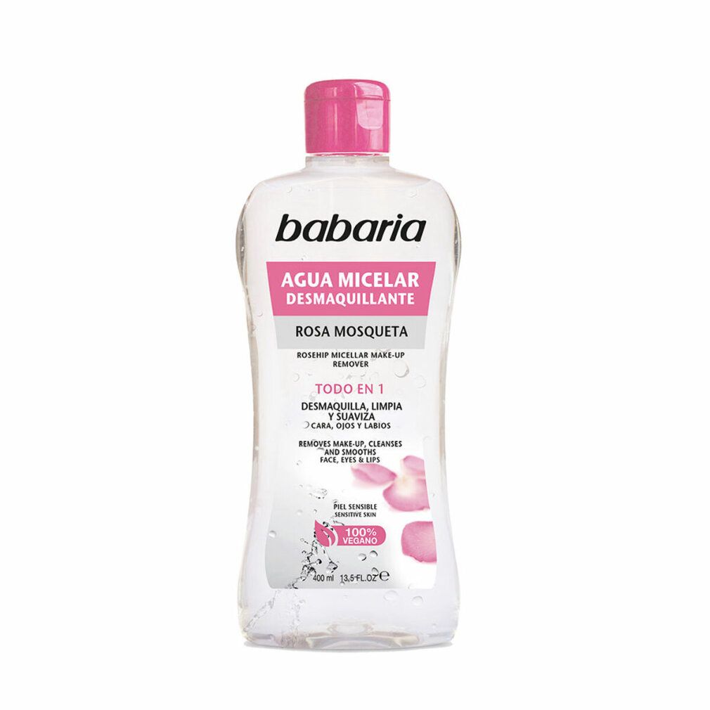 Babaria Agua Micelar Desmaquillante Flasche mit rosa Verschluss. Aufschrift: Rosa Mosqueta, Todo en 1, 100% Vegano.