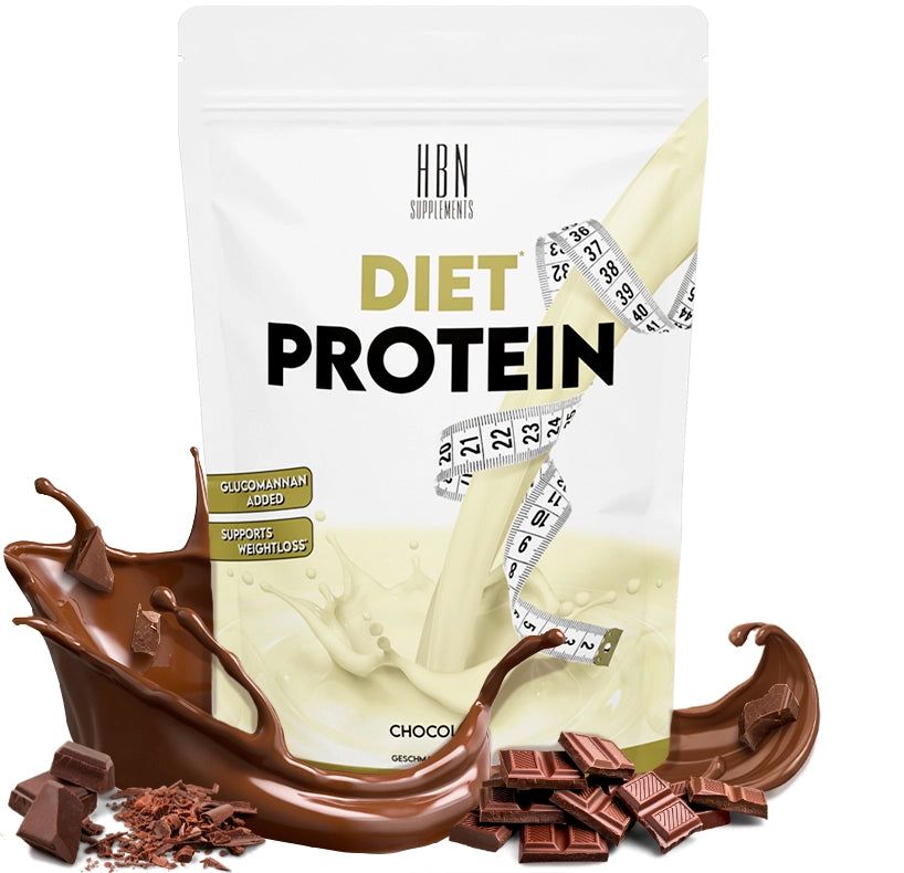 Beutel HBN Supplements Diet Protein. Diet Protein, Chocolate. Schokoladenspritzer, Schokoladenstücke und Maßband.