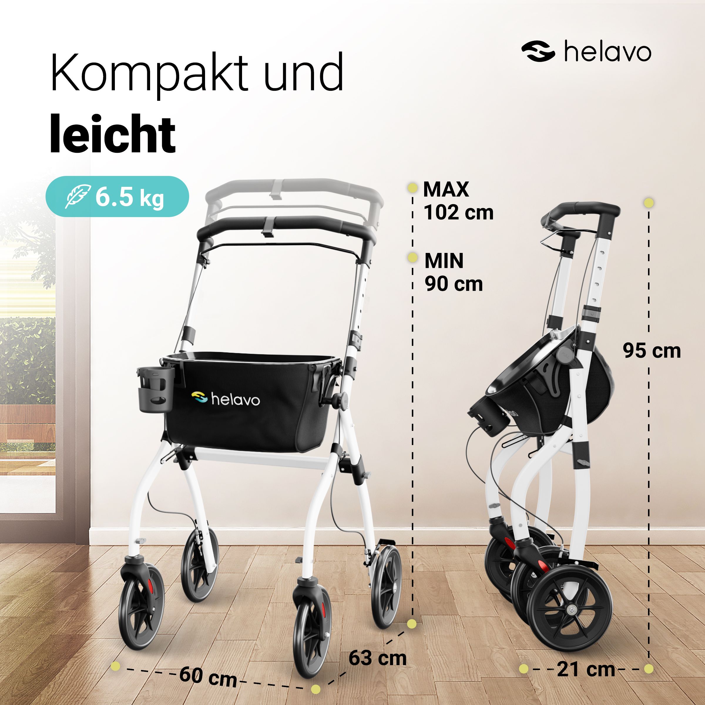 Helavo Wohnungsrollator 60 cm schmal Indoor Rollator mit Tablett & Korb