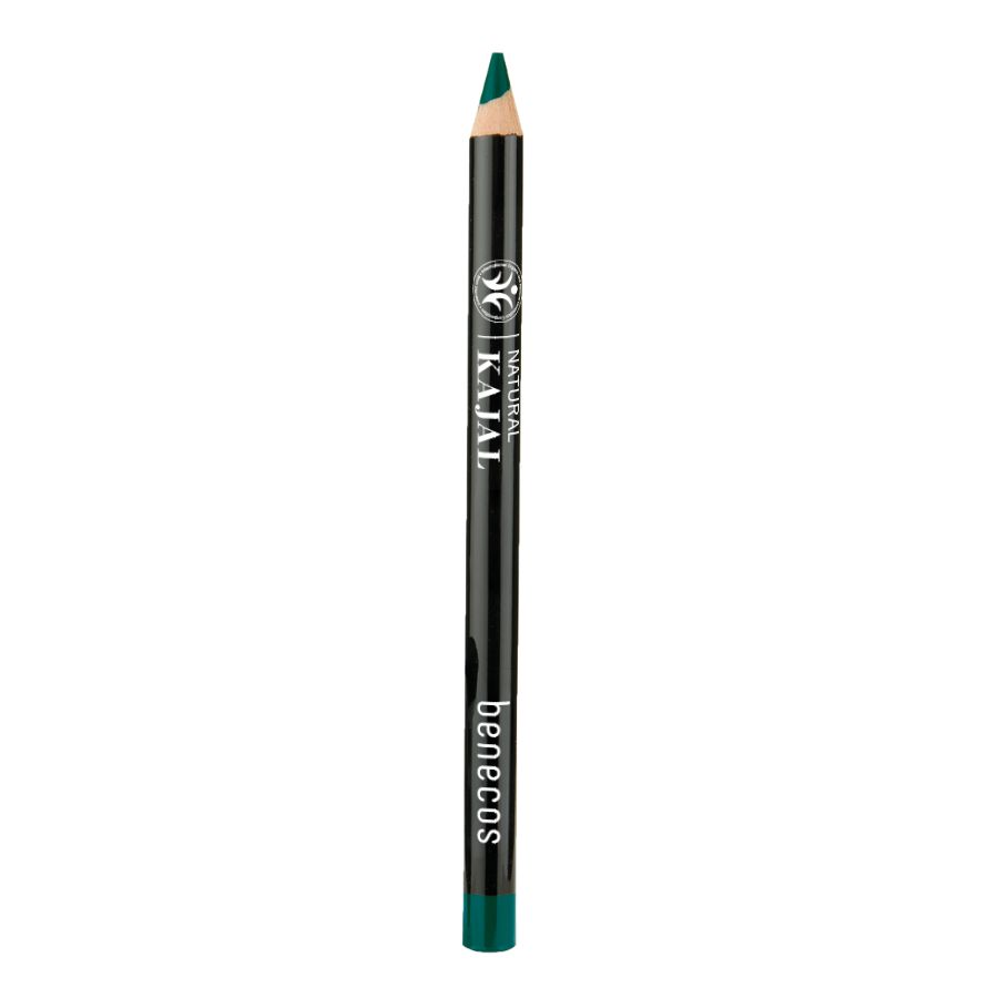 Benecos Natural Kajal in Grün. Schwarzer Stift mit grüner Spitze und Beschriftung.