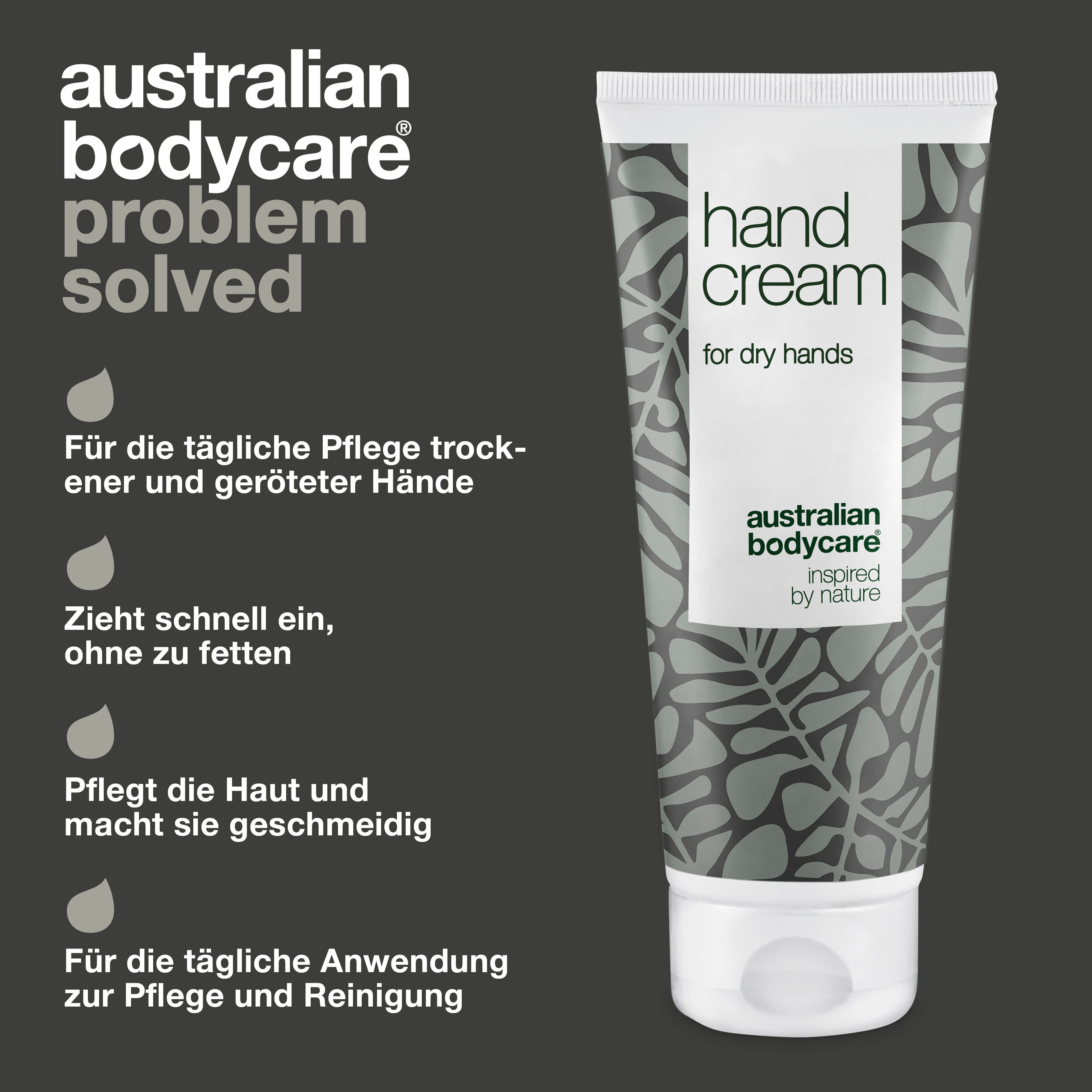 Handcreme-Tube und Text. Aufschrift: Hand Cream, Australian Bodycare.