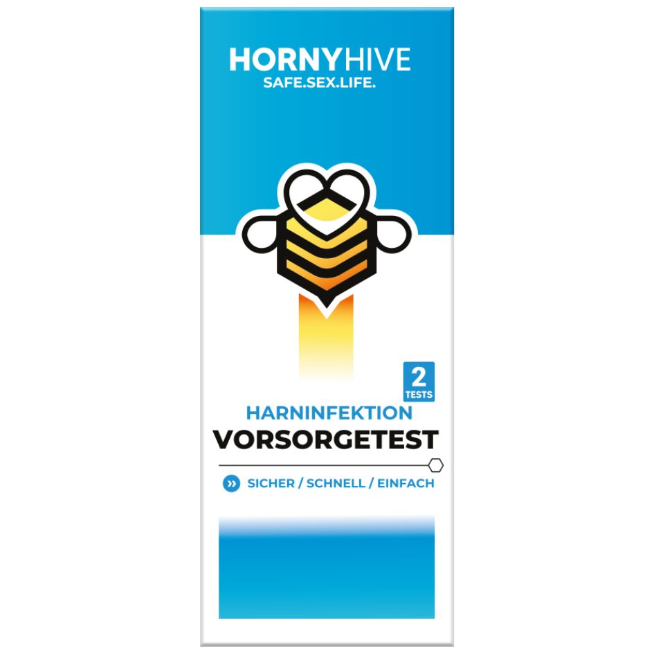 Verpackung des Horny Hive Harninfektion Vorsorgetests. Enthält 2 Tests. Aufschrift: Sicher / Schnell / Einfach.