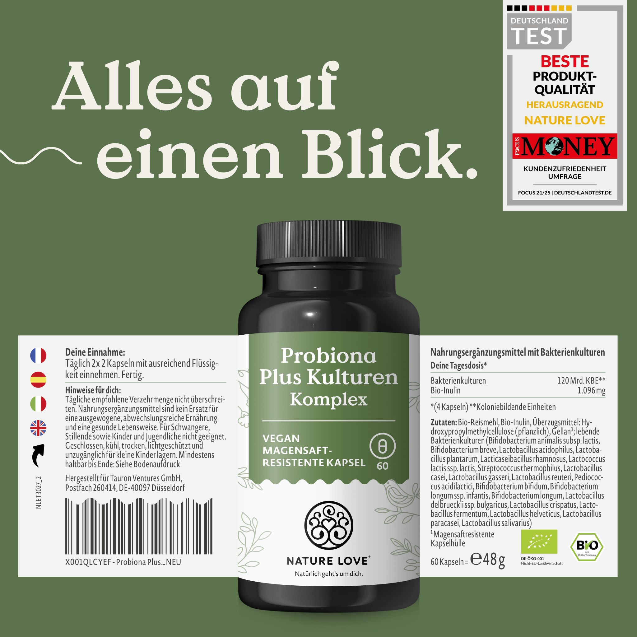 Flasche Probiona Plus Kulturen Komplex mit geöffnetem Etikett und Nährwertangaben.