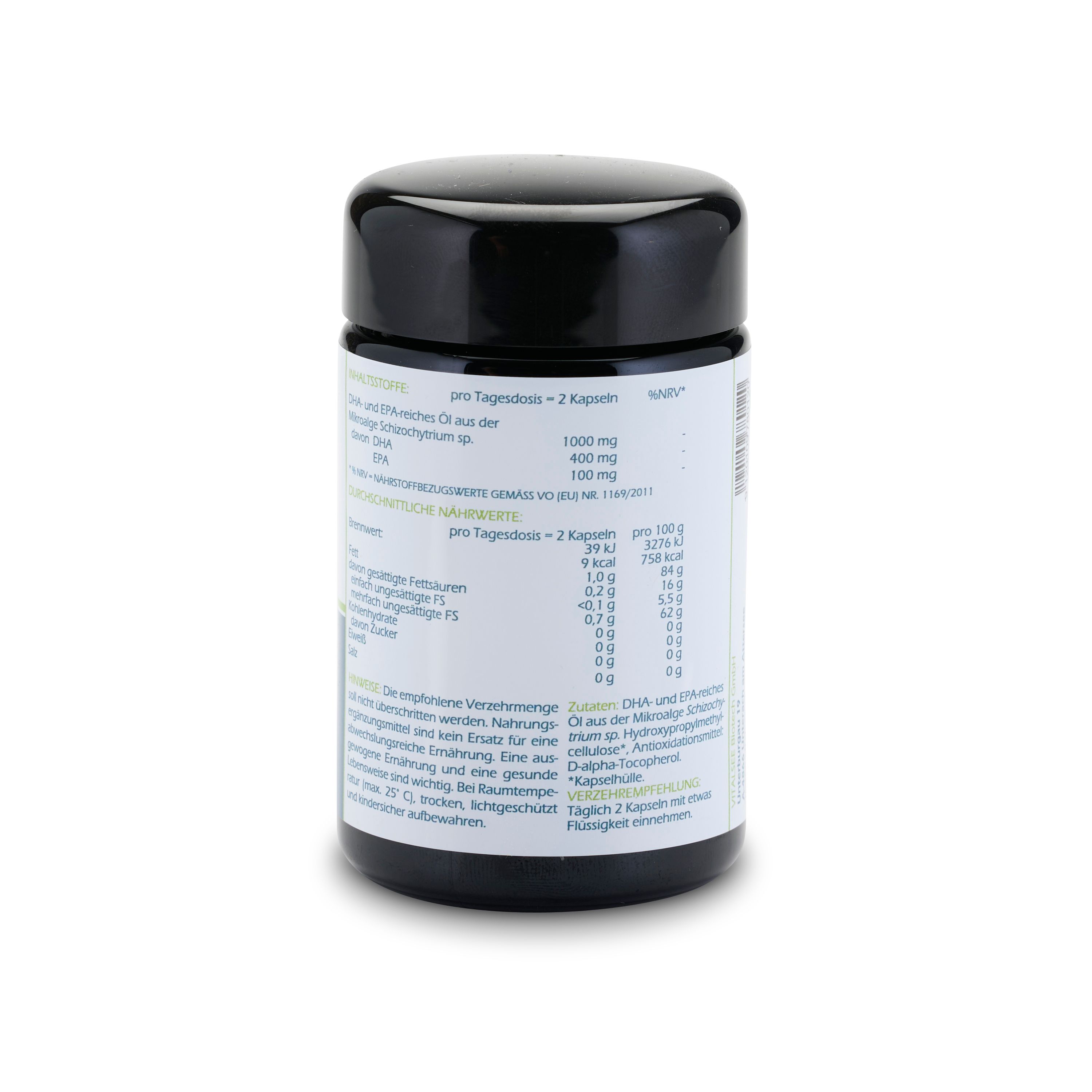 Rückseite der Dose mit Nährwertangaben und Inhaltsstoffen. Enthält Informationen zu Omega 3 Alga opus magnum.