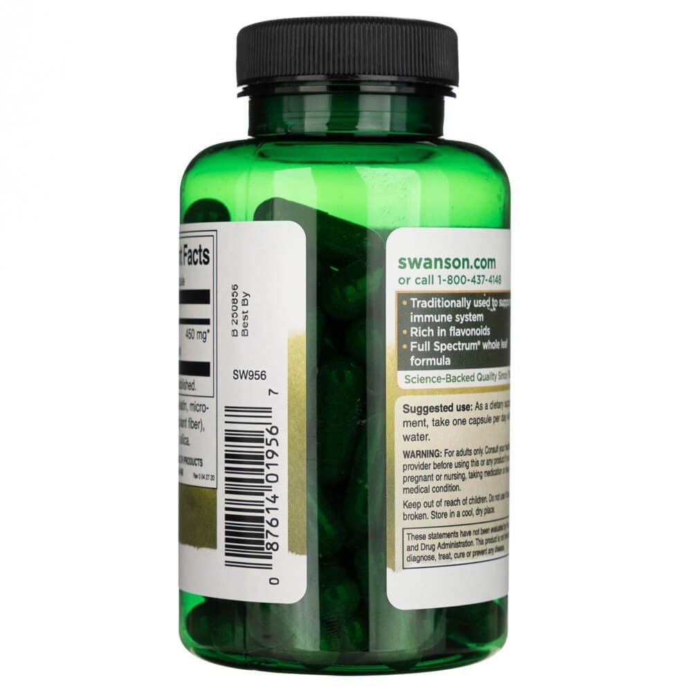 Seite einer grünen Flasche mit Swanson Oregano, 450 mg, und Informationen zur Anwendung.
