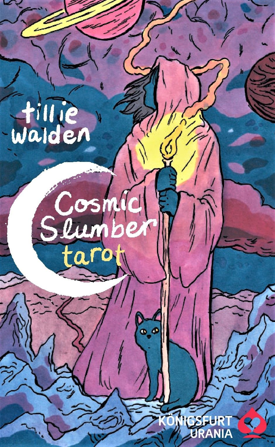 Tarotkarten-Box. Illustration mit Figur, Mond, Katze und Planeten. Titel: Cosmic Slumber Tarot. Autor: Tillie Walden.