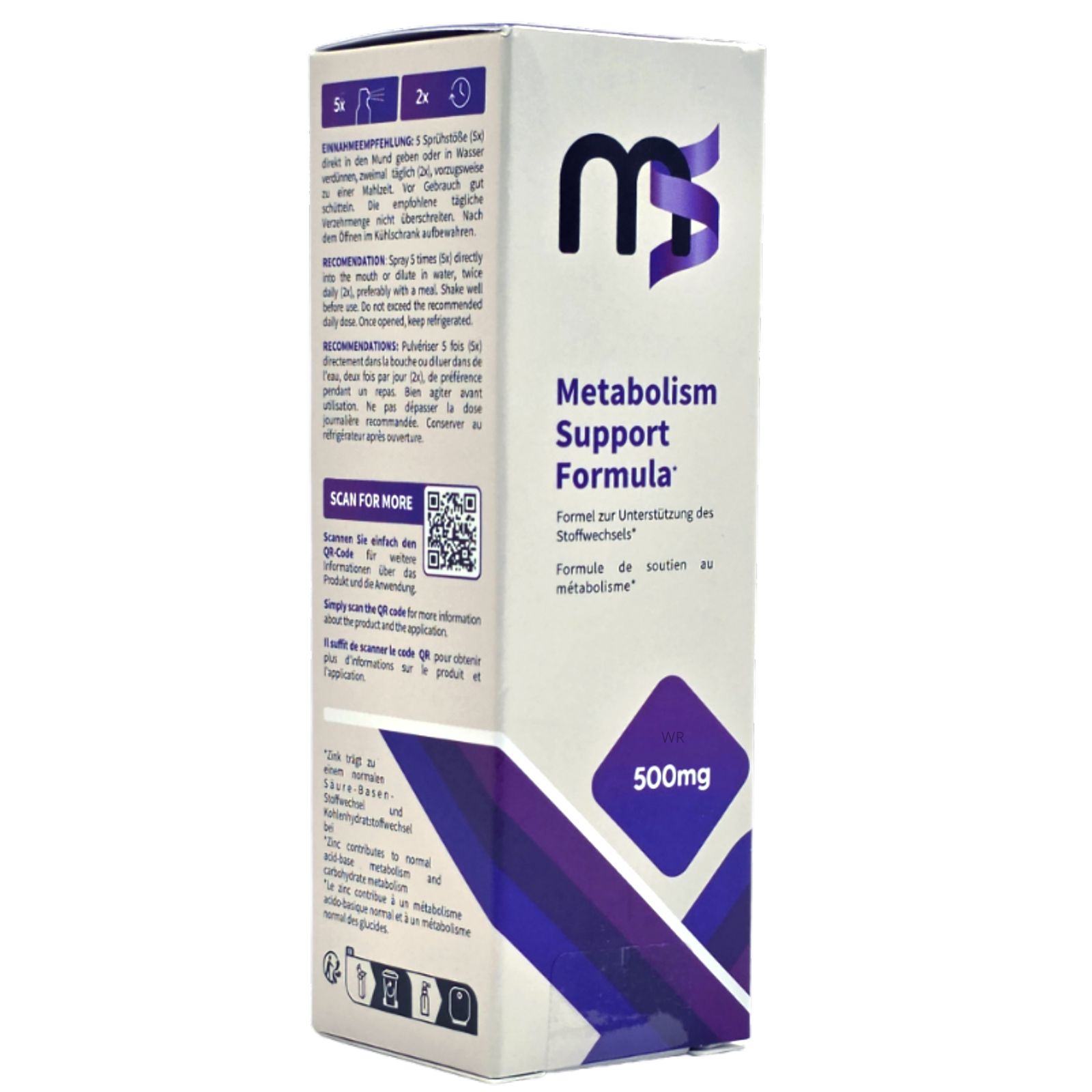 Weiße Schachtel mit lila Akzenten. Aufschrift: MS, Metabolism Support Formula, 500mg. QR-Code und Text.