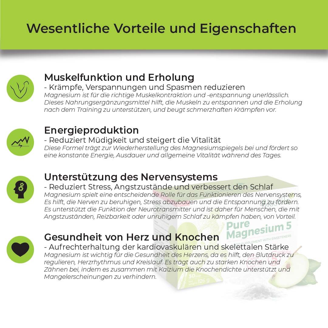 Vorteile von Biostile Pure Magnesium 5. Muskelfunktion, Energieproduktion, Nervensystem, Herz- und Knochengesundheit.