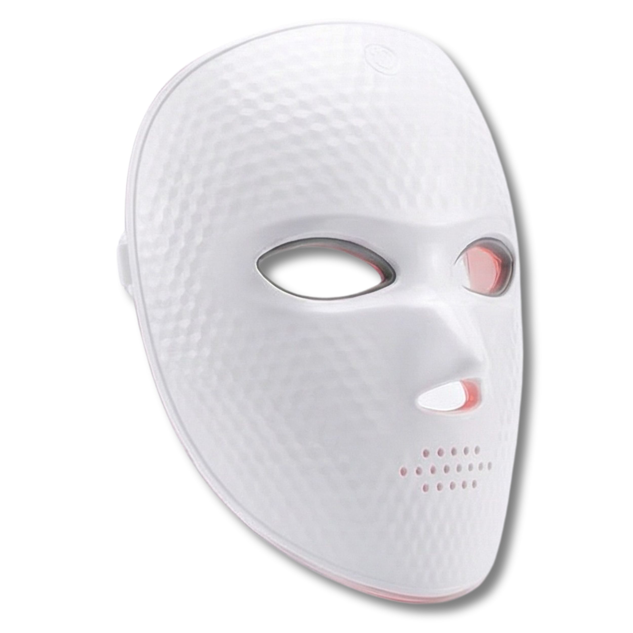 Weiße LED-Gesichtsmaske mit wabenförmiger Oberfläche. Sichtbare Öffnungen für Augen, Nase und Mund. Rosa Licht.