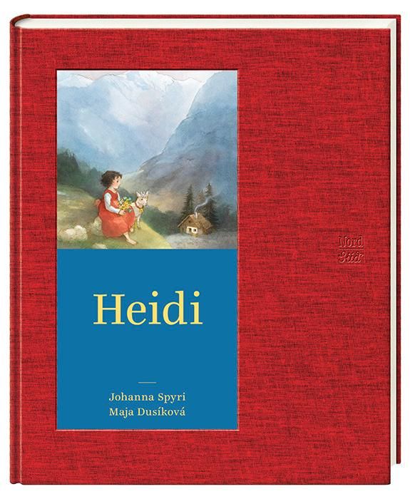 Buchcover von Heidi. Roter Einband, blaues Feld mit Titel und Autoren. Illustration: Mädchen mit Ziegen vor Berglandschaft.