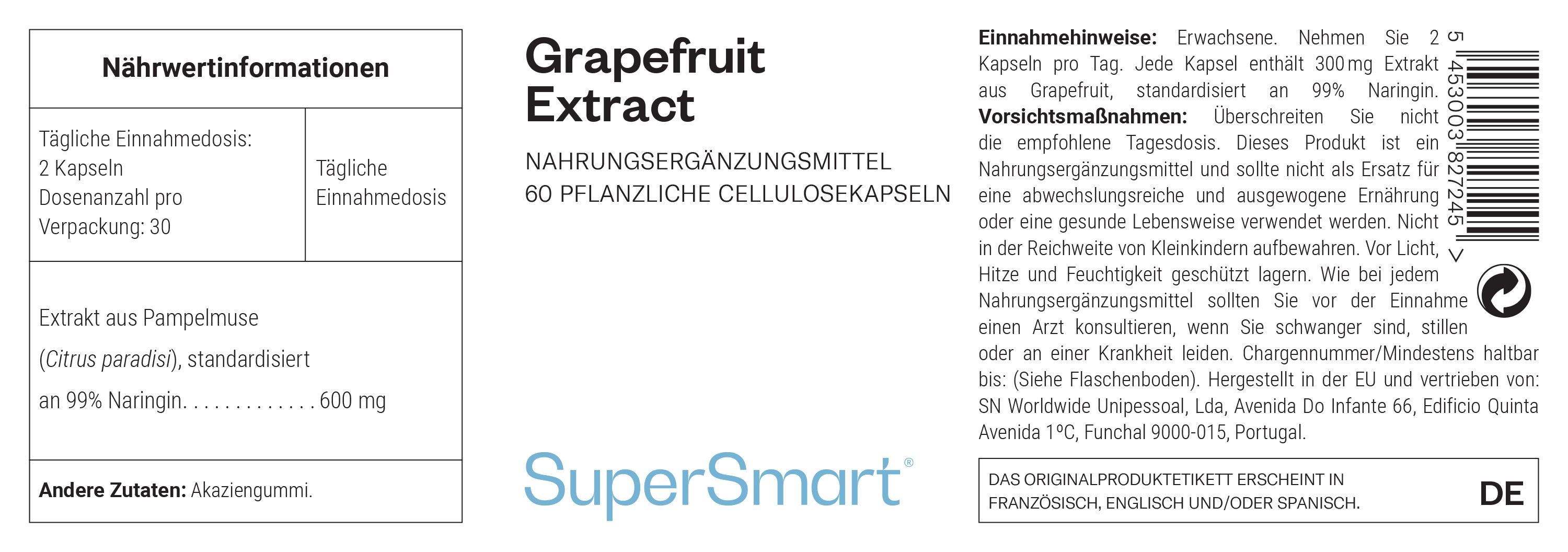 Etikett mit Informationen zu Grapefruit-Extrakt. Enthält Nährwertangaben, Dosierung und Herstellerinformationen. SuperSmart Logo.