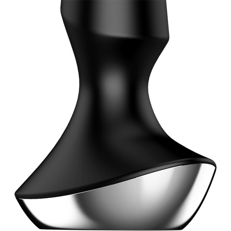 Nahaufnahme eines schwarzen Analvibrators. Breiter Fuß mit silberfarbenem Rand. Glatte, glänzende Oberfläche.
