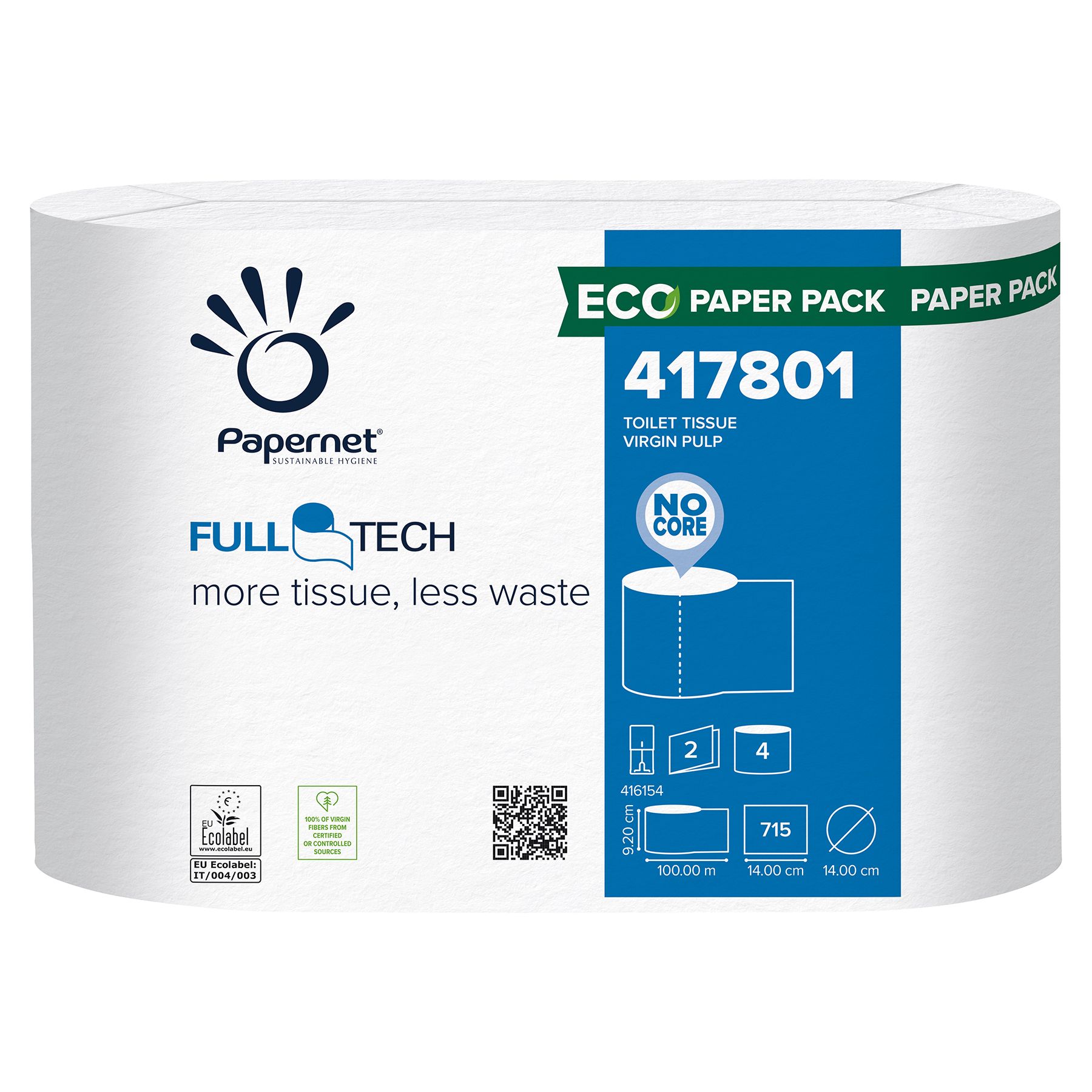 Papernet Toilettenpapier-Packung. Voll Tech Technologie. Weiße Rolle mit blauer Kennzeichnung. Enthält Informationen zu Größe und Zertifizierungen.