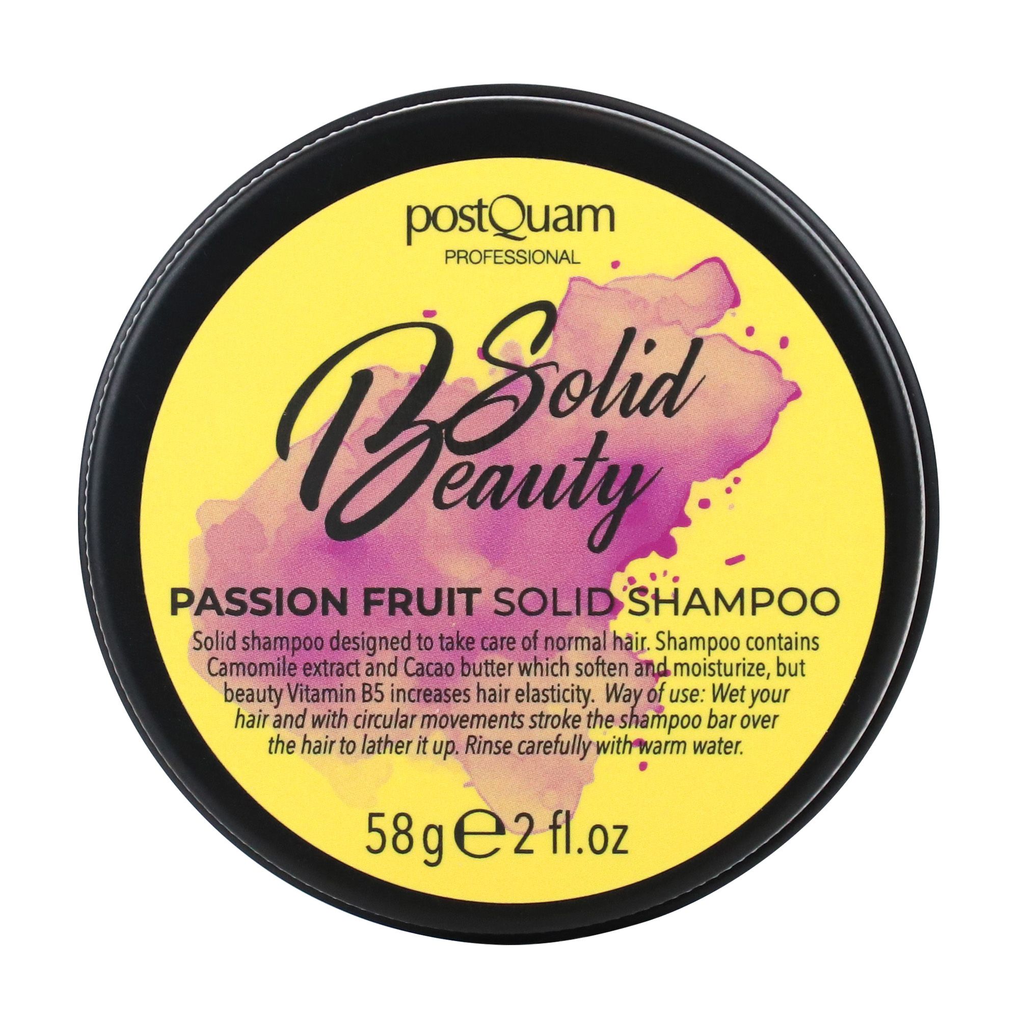 Schwarzer Deckel mit gelbem Hintergrund und Aufschrift: B Solid Beauty, Passion Fruit Solid Shampoo. 58g e 2 fl.oz.