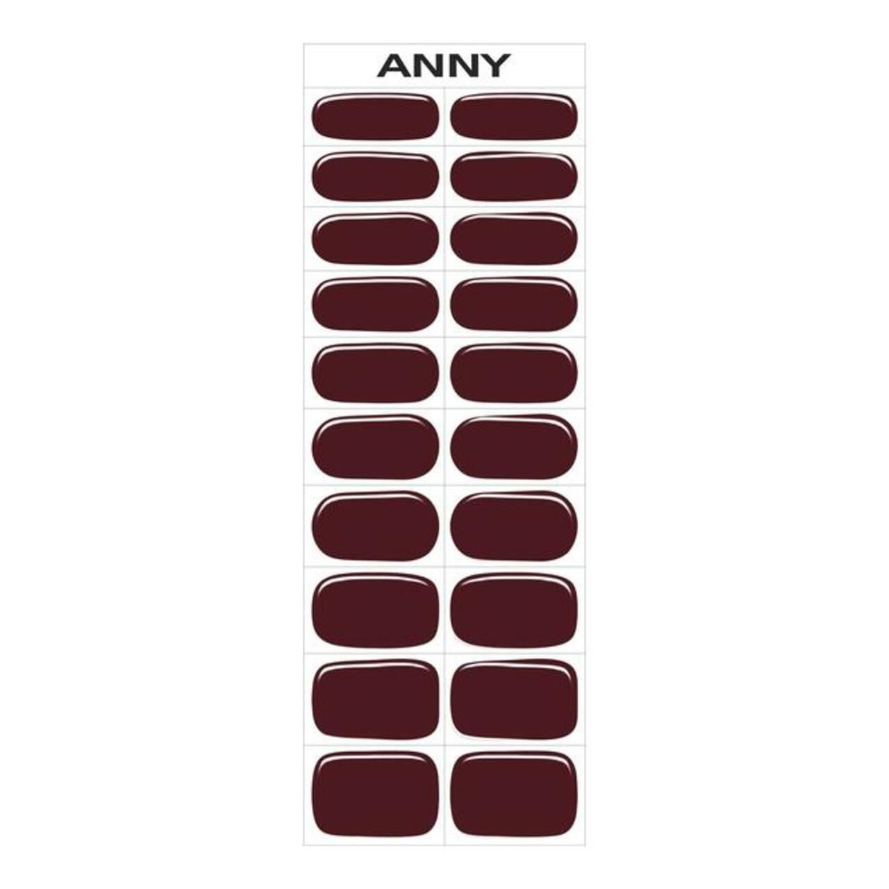 20 dunkelrote Gel-Nagelstreifen von ANNY. Rechteckige Form, angeordnet auf einem Träger. Produktname sichtbar.