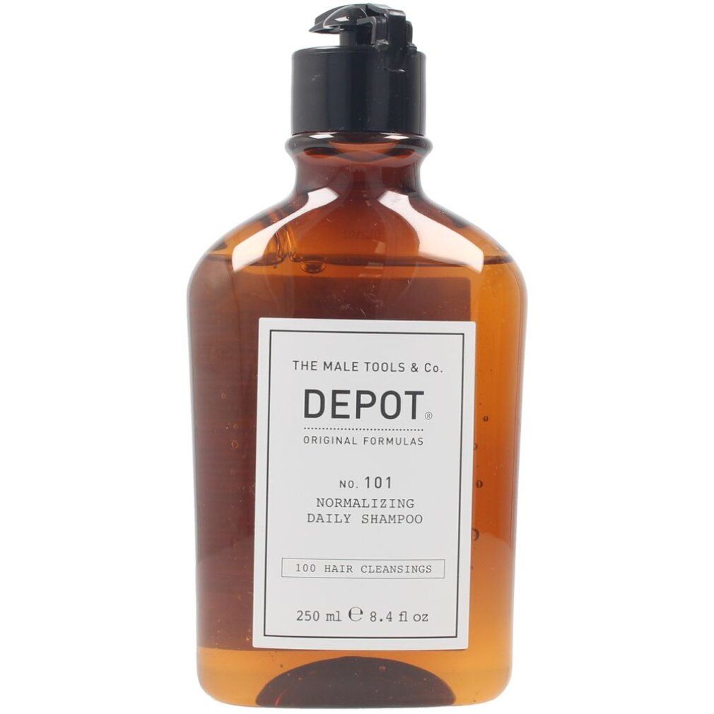 Braune Flasche mit schwarzem Pumpkopf. Weißes Etikett mit Text: DEPOT, No. 101 Normalizing Daily Shampoo.