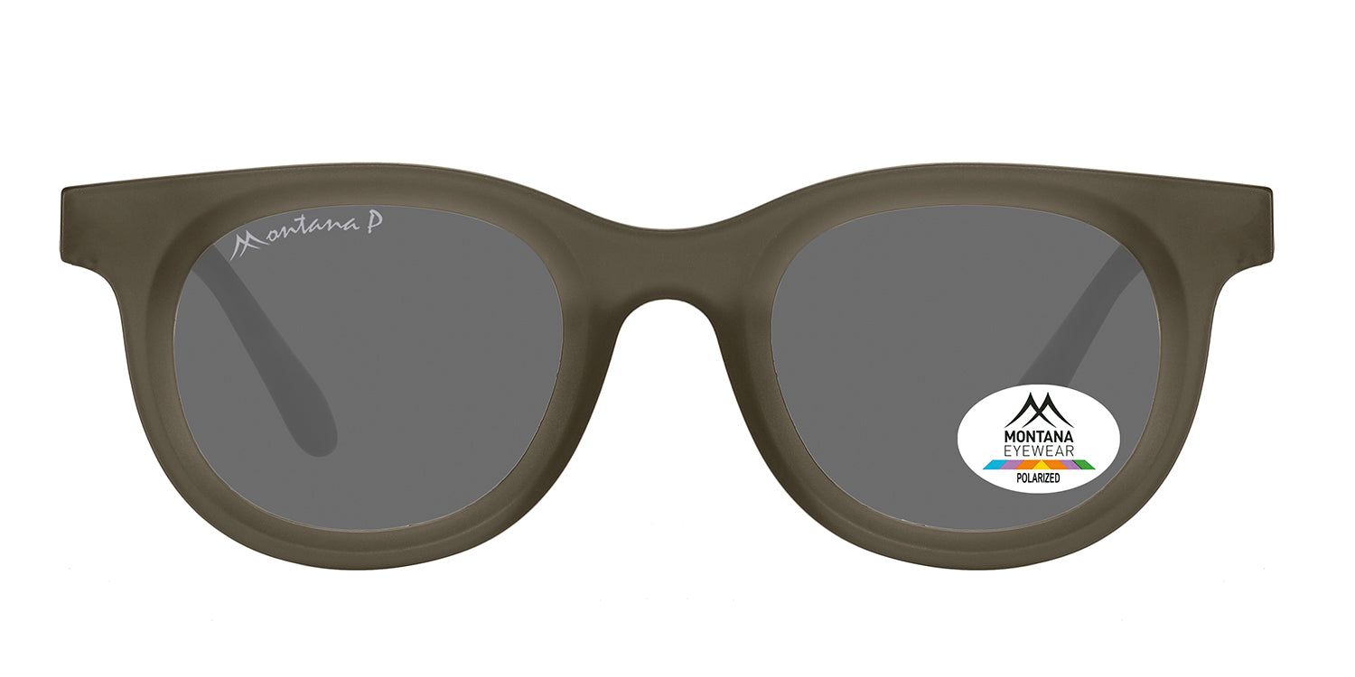 Runde Sonnenbrille, Montana Eyewear Bayport, grau. Logo und Polarisationsaufkleber auf dem Glas. Bügel mit Logo.