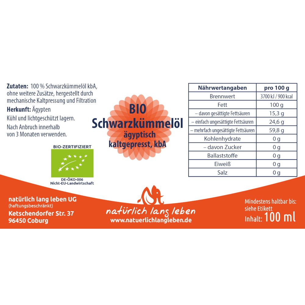 Etikett mit Text: BIO Schwarzkümmelöl ägyptisch kaltgepresst, Nährwertangaben, Zutaten, Herkunft, Mindesthaltbarkeit, BIO-Zertifiziert.