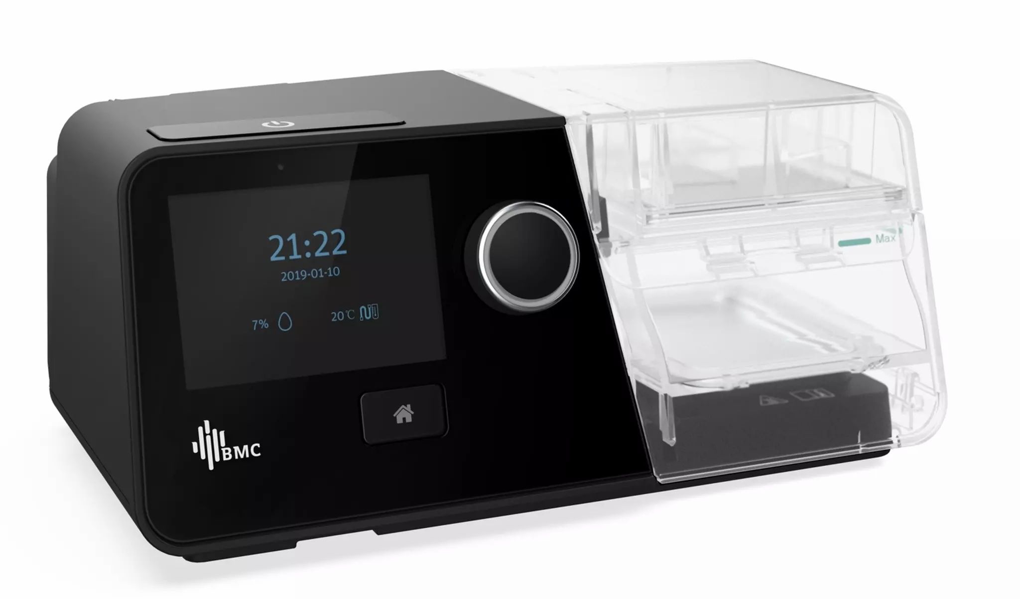 Schwarzes BMC G3 A20 Auto-CPAP-Gerät mit Display, Drehknopf und Wassertank. Zeigt Uhrzeit und Datum an. BMC-Logo.