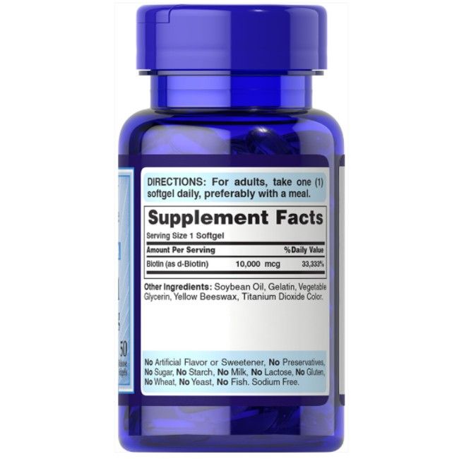 Rückseite der blauen Flasche mit Informationen zu Puritan's Pride Ultra Mega Biotin 10.000 mcg. Nährwertangaben.