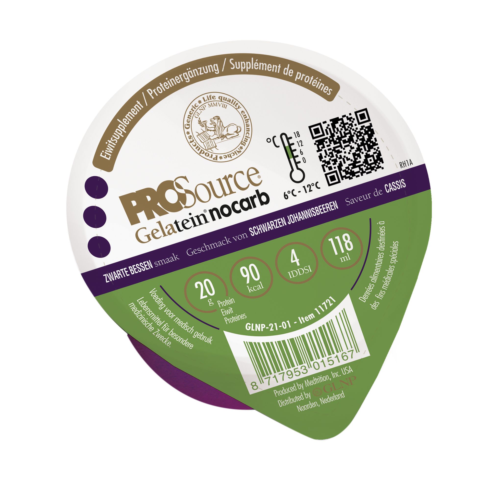 PROSource Gelatein NoCarb, Schwarze Johannisbeere, in Becher. Nährwertangaben und Produktbezeichnungen sichtbar. Temperaturanzeige.